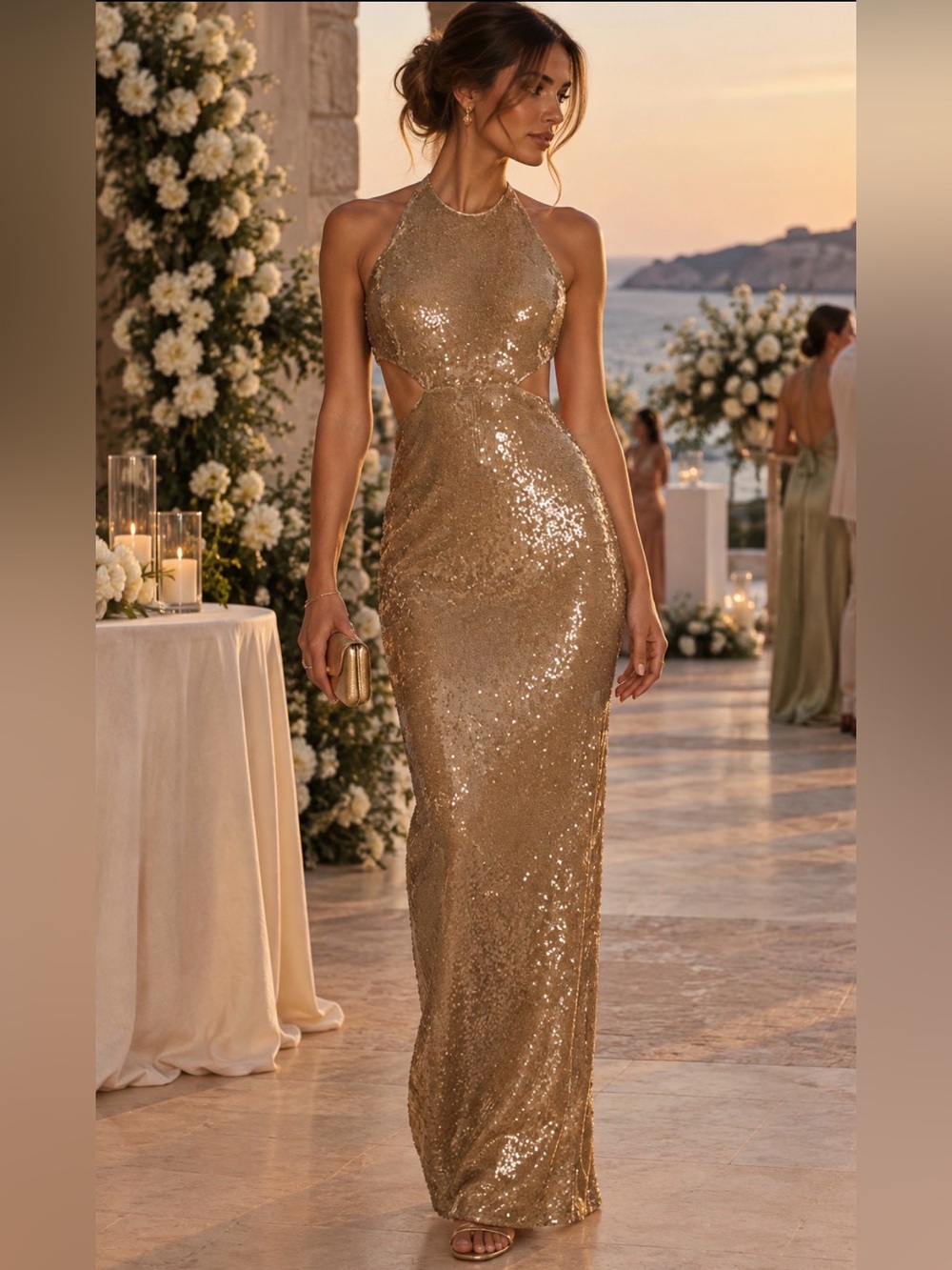 BCBGMaxAzria Gold Sequin Sequin Cutout Halter Gown